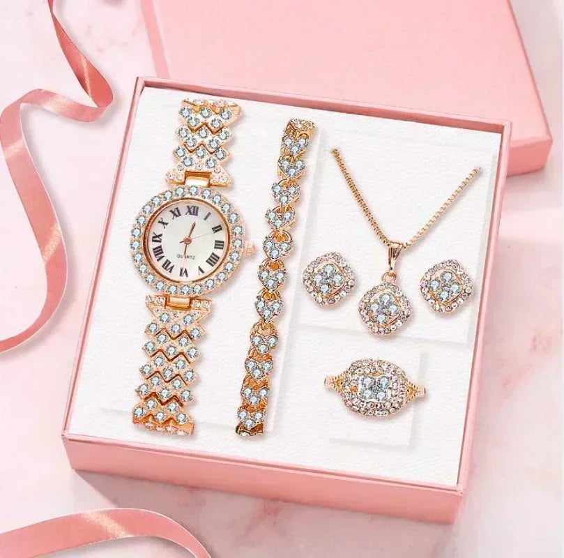 Fashion Luxury Crystal Watch and Jewelry Set for Women, 5 Pcs