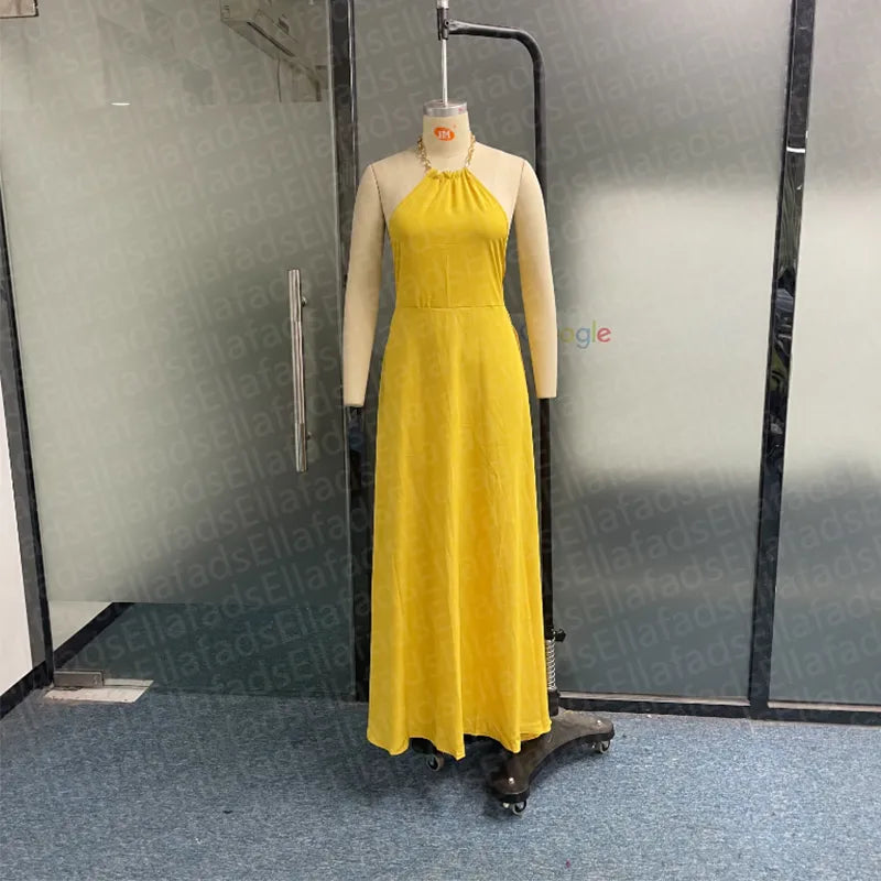 Yellow Halter Neck Maxi Dress with Chain Detail