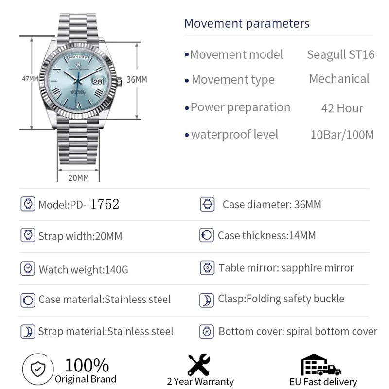 PAGANI DESIGN Men's Automatic Mechanical Watch, Seagull ST16, 100M Water-Resistant