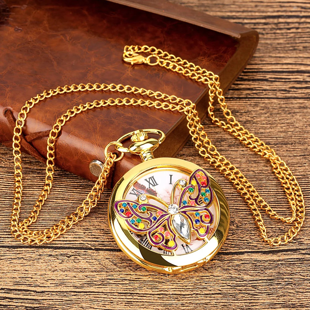 Pocket Watch: Gold Quartz with Crystal Diamond Butterfly Charm