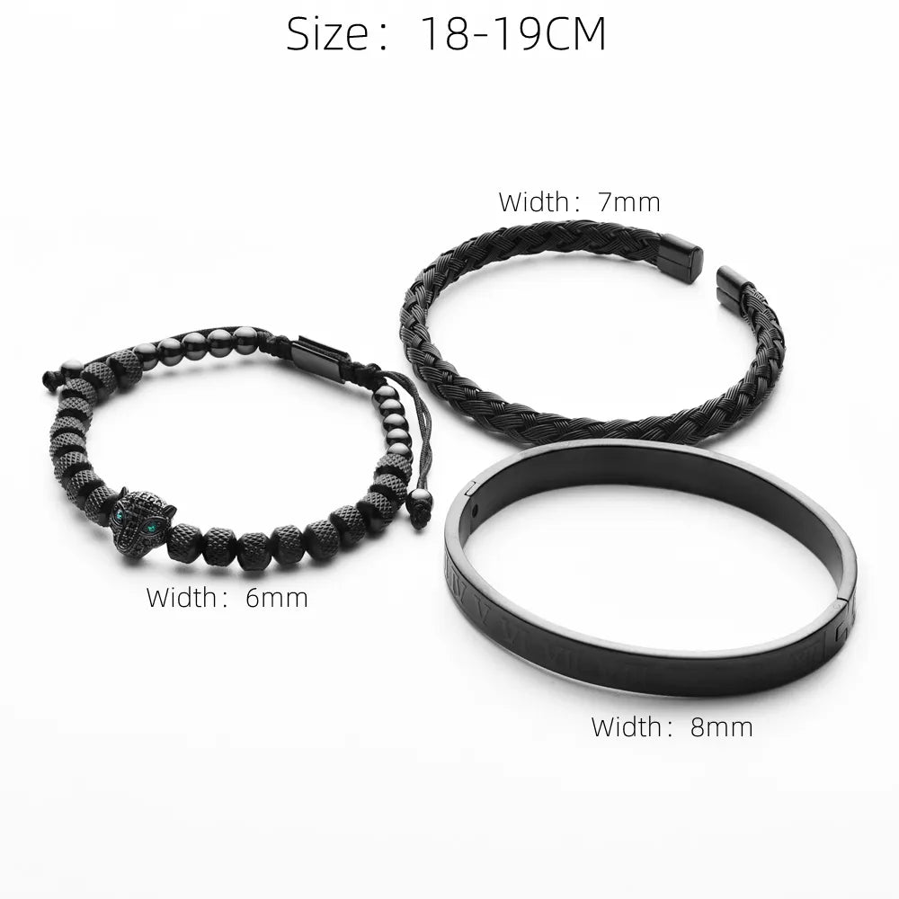 3pcs/set Classical Handmade Braiding Bracelet  Hip Hop Men Pave CZ Leopard Head Roman Numeral Bracelet Stainless Steel Jewelry
