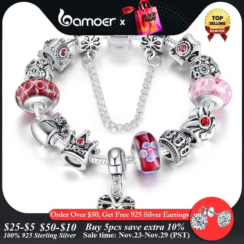 BAMOER Queen Jewelry Silver Plated Charms Bracelet & Bangles With Queen Crown Beads Bracelet for Women PA1823