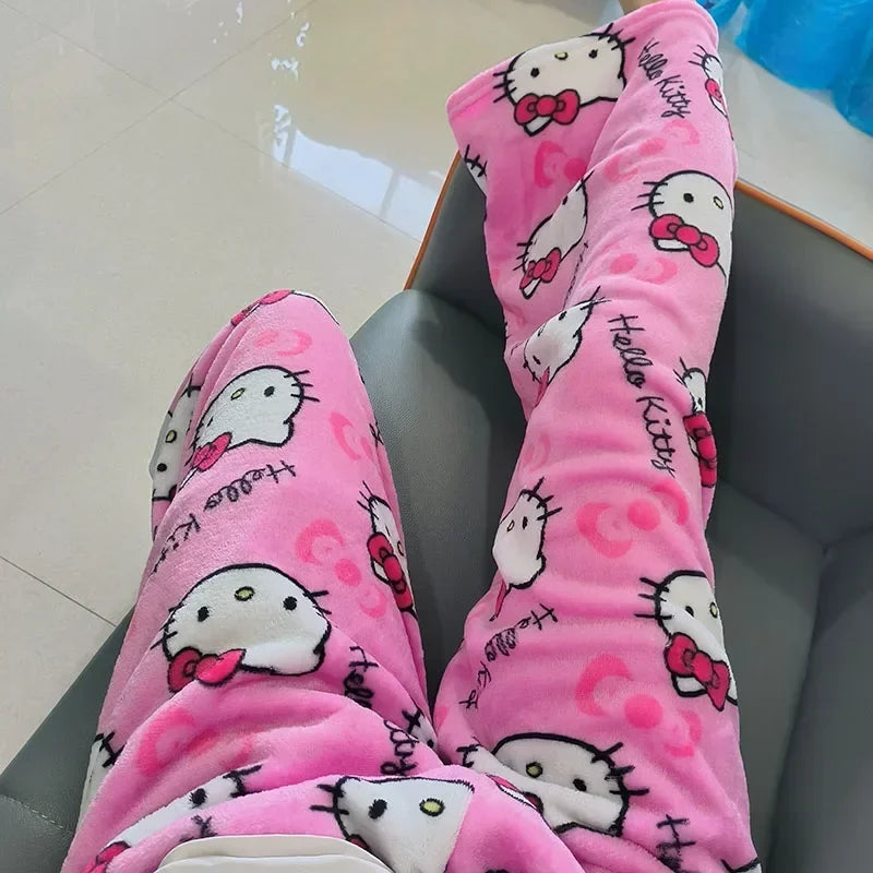 New Sanrio Anime Cartoon Hello Kitty Coral Fleece Pajama Pants Soft Trousers Women Casual Home Trousers Kawaii Birthday Gift