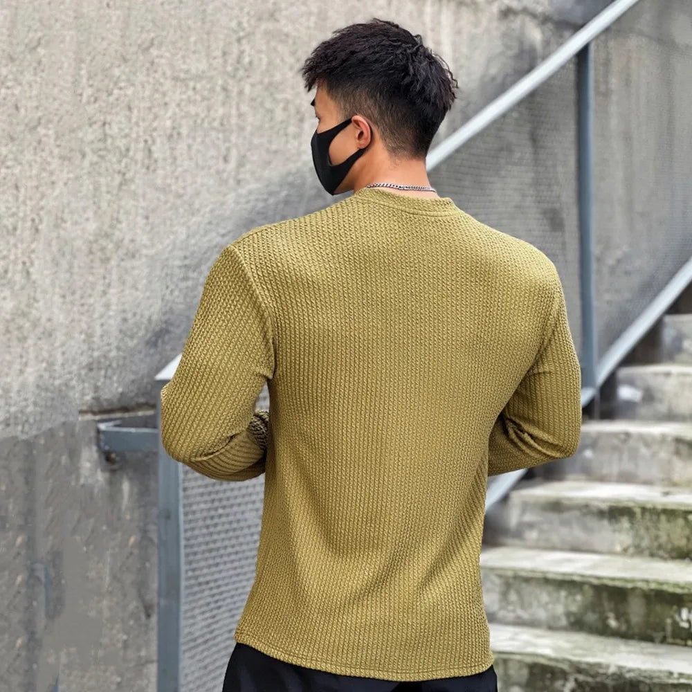 Autumn Winter Casual T-shirt Men Long Sleeves Solid Shirt Gym Fitness Bodybuilding Tees Tops Male Fashion Slim Stripes Clothing