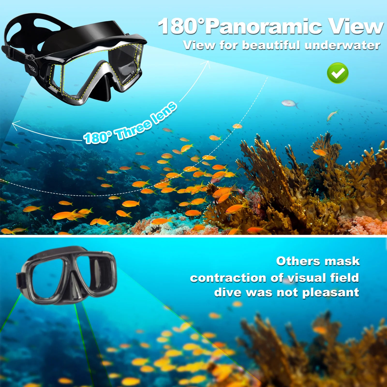 Adult Pano 3 Window Tempered Glasses Diving Mask Set, Dry Top Snorkel Mask No Leakage Diving Mask for Snorkeling