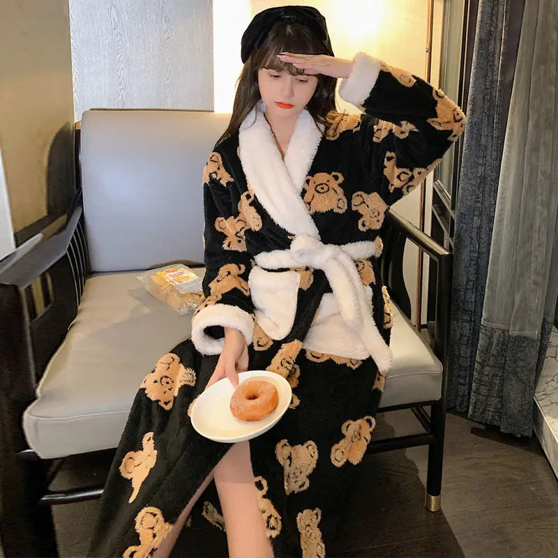 QWEEK Women Winter Plus Size Long Coral Fleece Bathrobe Kimono Warm Flannel Bath Robe Cozy Night Sleepwear Dressing Gown