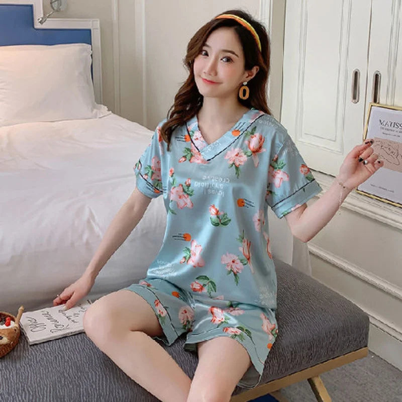 Pajamas Women's Summer Silk Ice Silk Short-sleeved Shorts V-neck Korean Version Loose Double Short Two-piece Suit Home Clothes