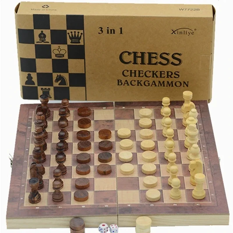 Folding Wooden Storage Box International Chess Set Backgammon Checkers Travel Games Board Draughts Entertainment Mini Board Game