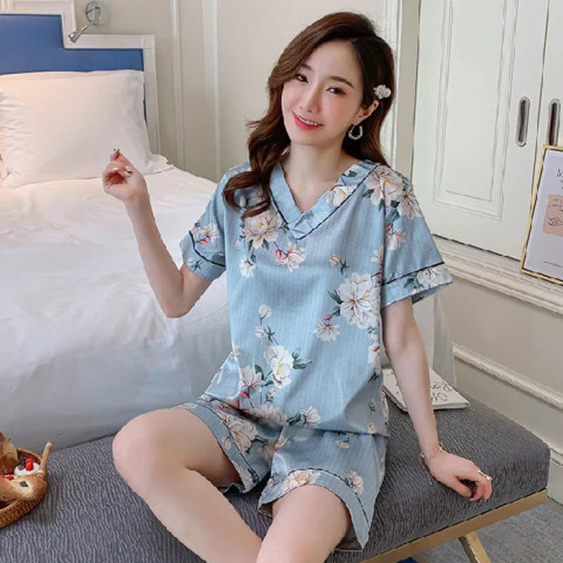Pajamas Women's Summer Silk Ice Silk Short-sleeved Shorts V-neck Korean Version Loose Double Short Two-piece Suit Home Clothes