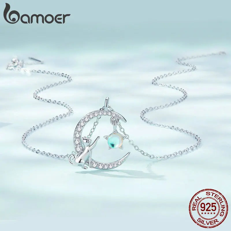 BAMOER 925 Silver Cat Moon Pendant Necklace