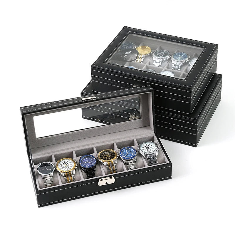 PU Leather Watch Storage Boxes with Multiple Grids