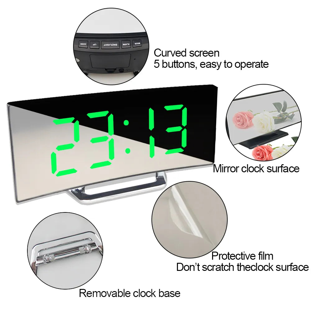 Led Alarm Clock Digital Children Electronic Alarm Clocks Curved Screen Mirror Temperature Clock with Snooze Function Desk Clock