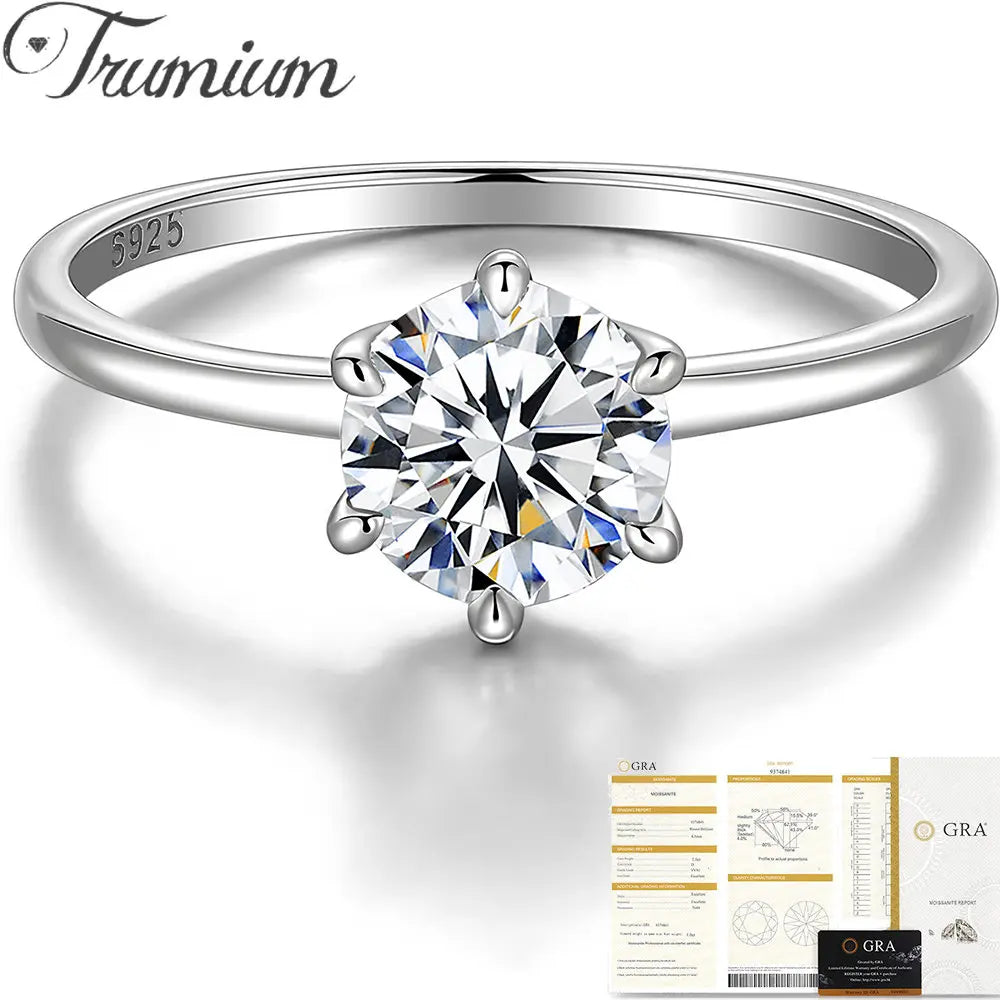 Trumium D Color Moissanite Ring, 0.5/1 Ct, 925 Silver