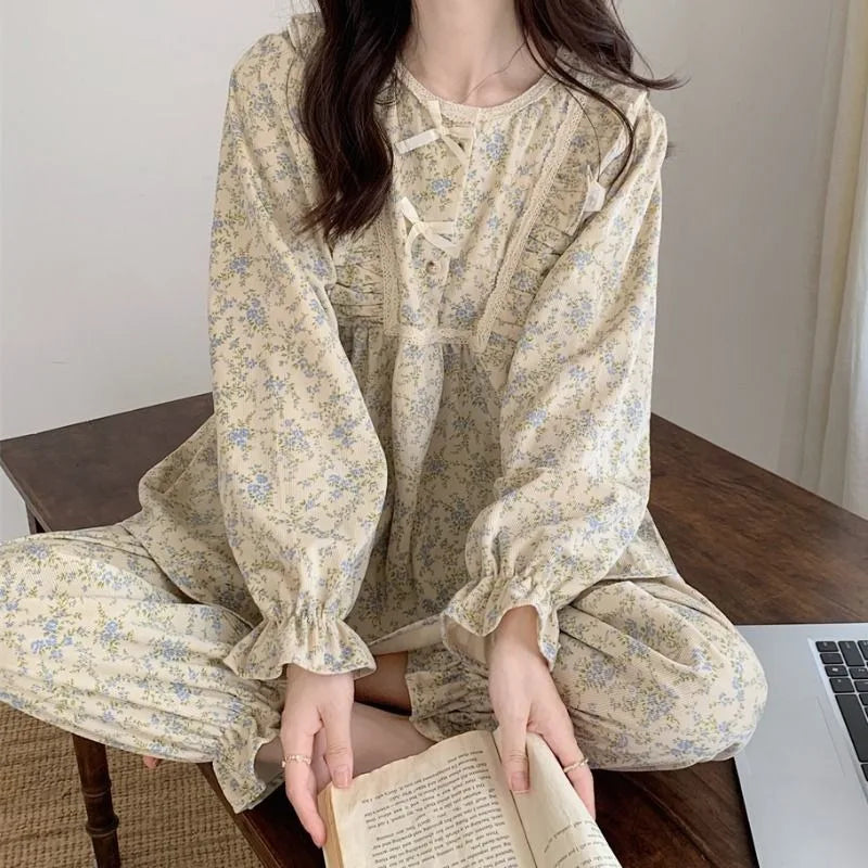 Lace Women Pajamas Set for Home Floral Vintage Sleepwear Long Sleeve Pants Suit 2 Pieces Autumn Ruffle Korean O-neck Night Wears