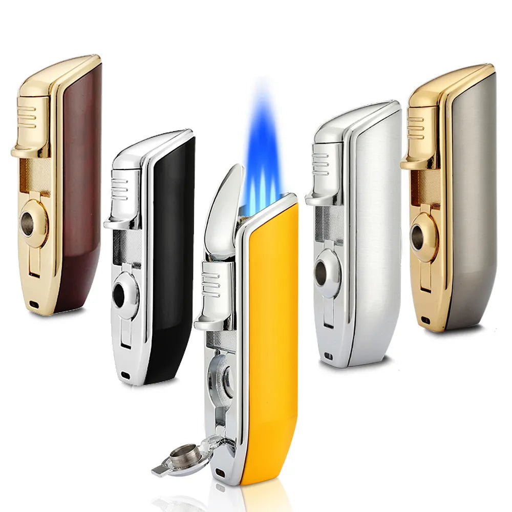 Metal Windproof Pocket Cigar Lighter 3 Jet Blue Flame Torch Lighters For Cigar With Punch Drill Cigar Cutter