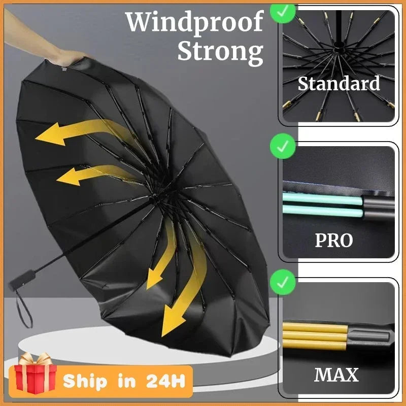 Reinforced Windproof Strong 16K Automatic Folding Umbrella for Men, 16/32/48 Bone, Sunshade Wind and Water Resistant Umbrellas