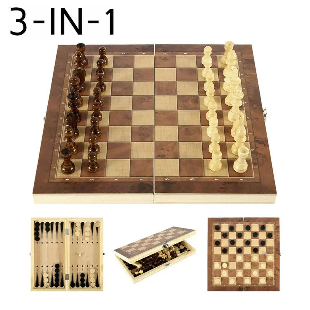 24x24CM 3in1 International Chess Set Wooden Folding Chess Indoor Entertainment Portable Board Game Checker Birthday Gift For Kid