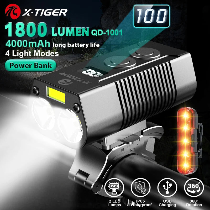 X-Tiger Bike Light Headlight Bicycle Lamp With Power Bank Rechargeable LED 5200mAh MTB Bicycle Light Flashlight Bike Accessories