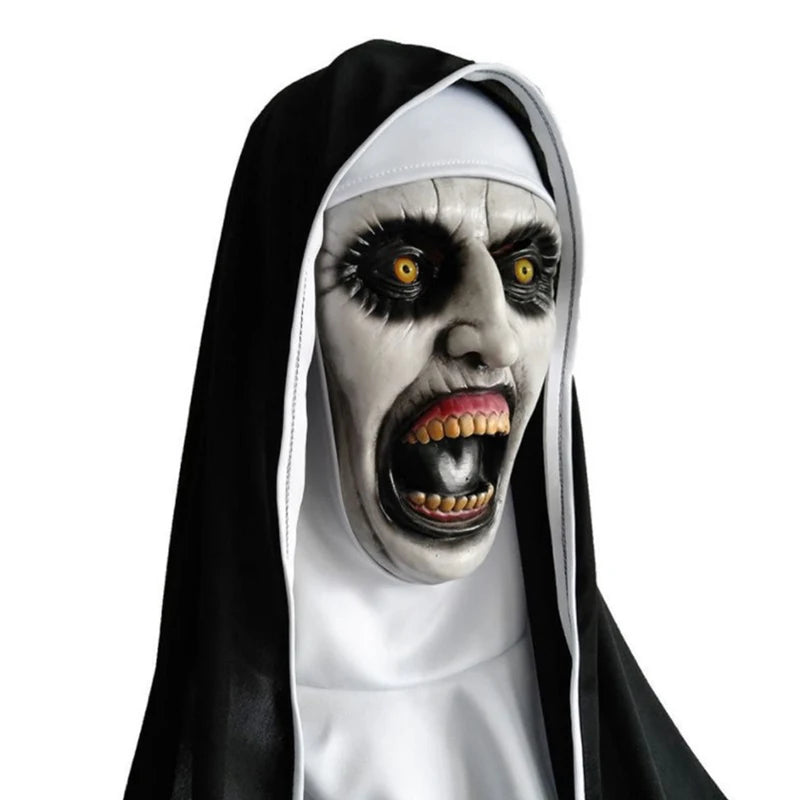 The Horror Scary Nun Latex Mask W/Headscarf Valak Cosplay for Halloween Costume Face Masques with Headpiece