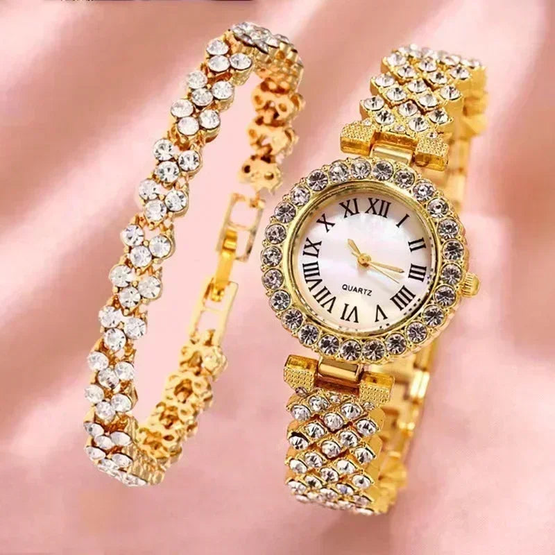 Fashion Luxury Crystal Watch and Jewelry Set for Women, 5 Pcs