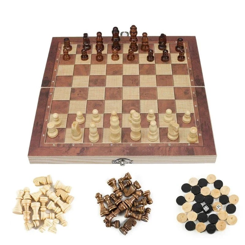 Folding Wooden Storage Box International Chess Set Backgammon Checkers Travel Games Board Draughts Entertainment Mini Board Game