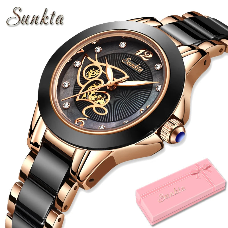 SUNKTA Luxury Black Ceramic Diamond Women's Watch