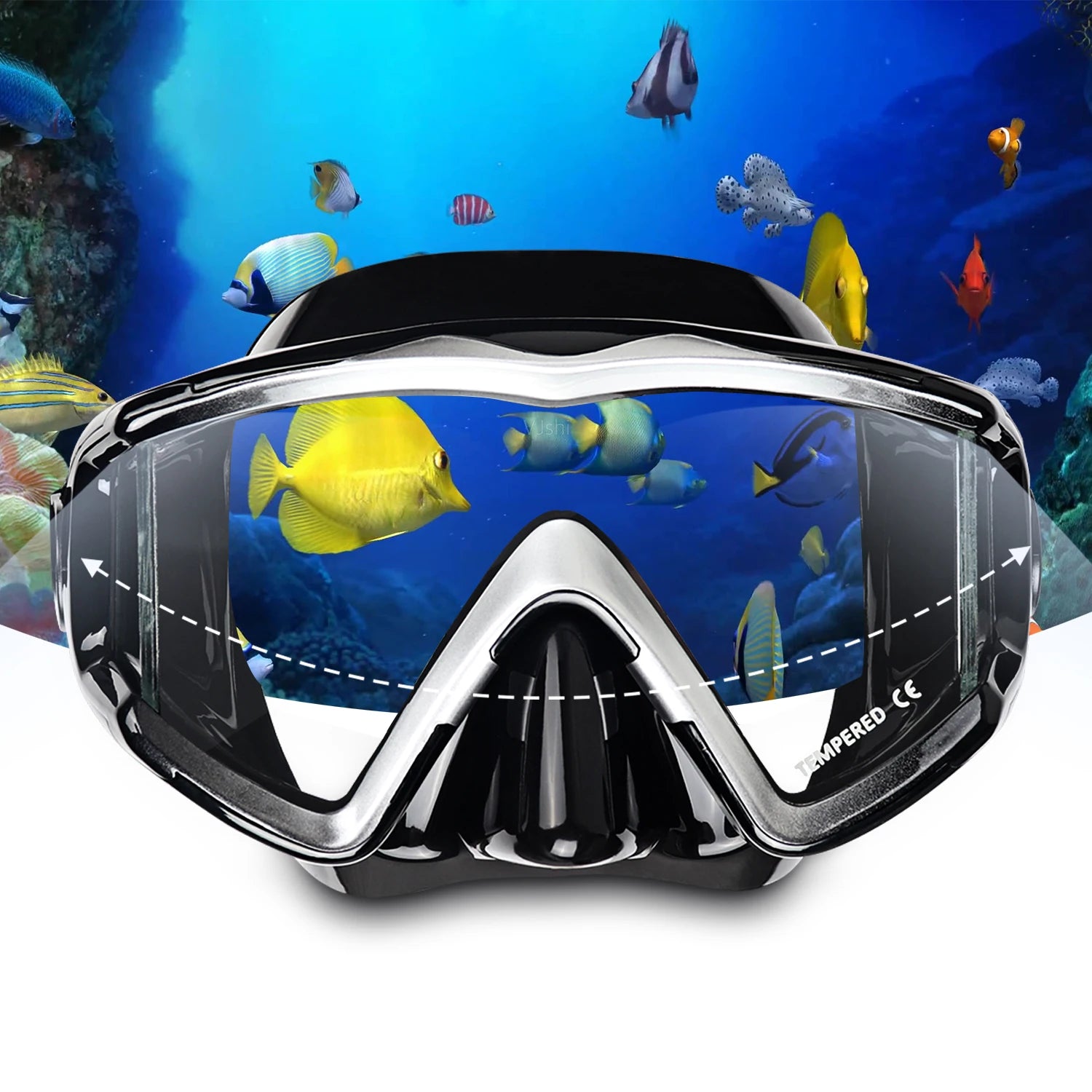 Adult Scuba Diving Mask Pano 3 Panoramic Tempered Glass Snorkeling Dive Mask, Premium Swim Goggles with Nose Cover Snorkeling