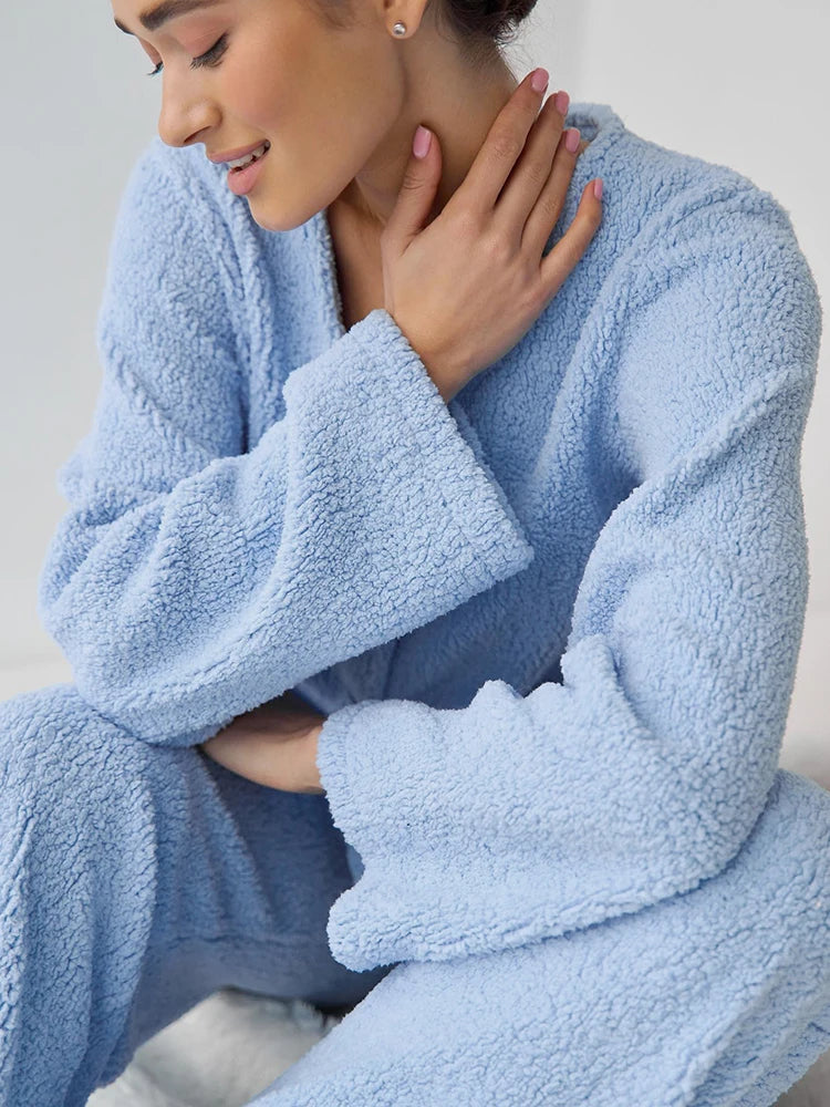 Hiloc Blue Woolen Warm Winter Women's Pajamas Single-Breasted V-Neck Women Pajama Full Sleeve Double Pockets Sleepwear 2023 New
