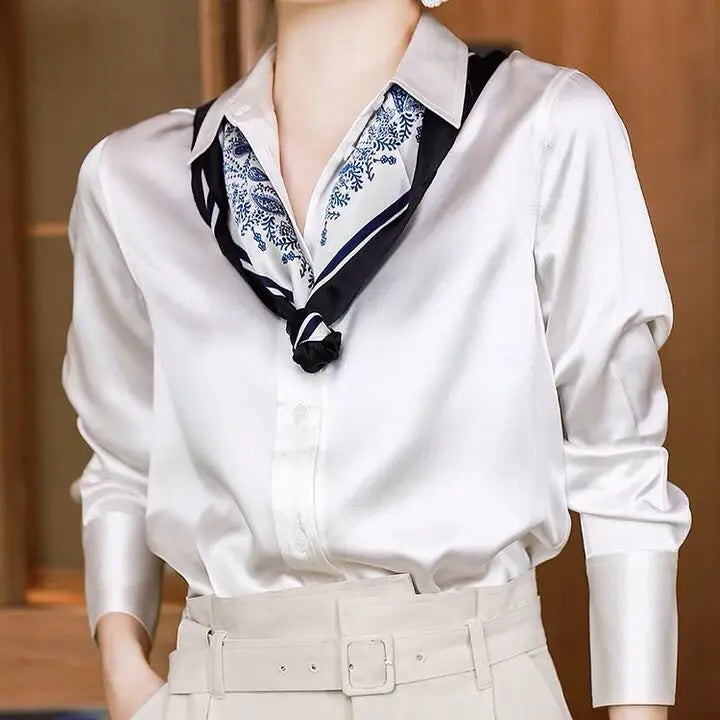 Brand Quality Luxury Women Satin Shirt New Elegant and Youthful Woman Blouses Office Ladies White Long Sleeve Shirts Silk Tops