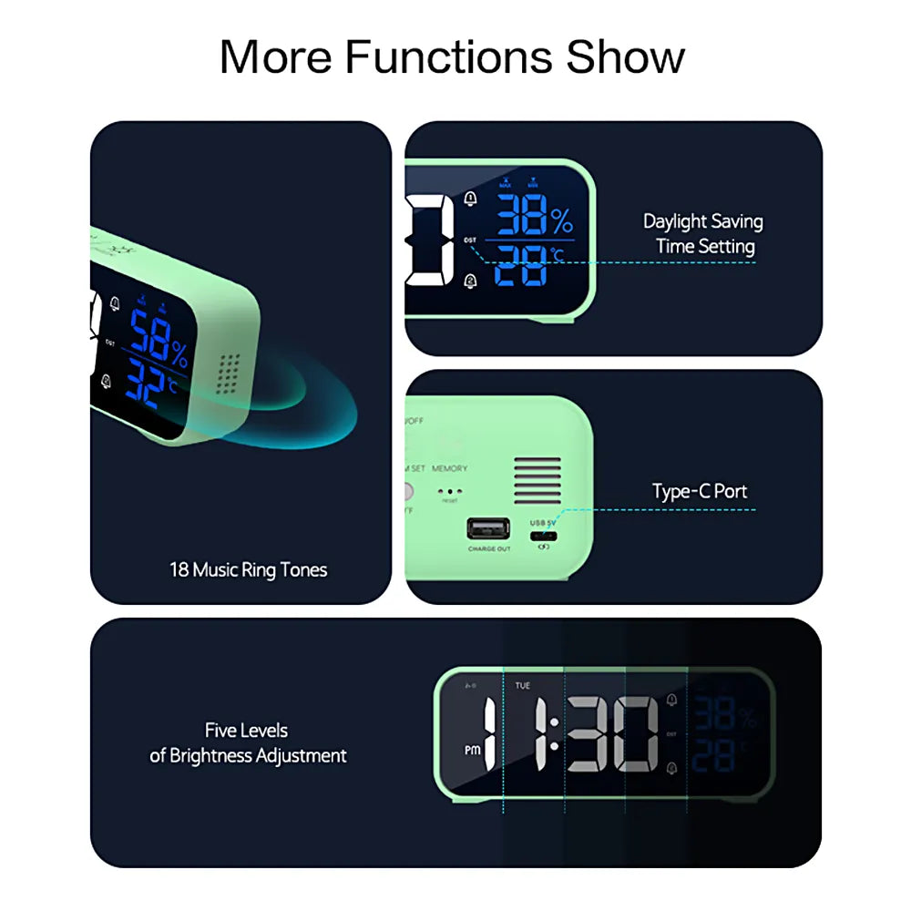 Music LED Digital Alarm Clock Voice Control Temperature Humidity Display Desktop Clocks Home Table Decoration Built-in 1200mAh