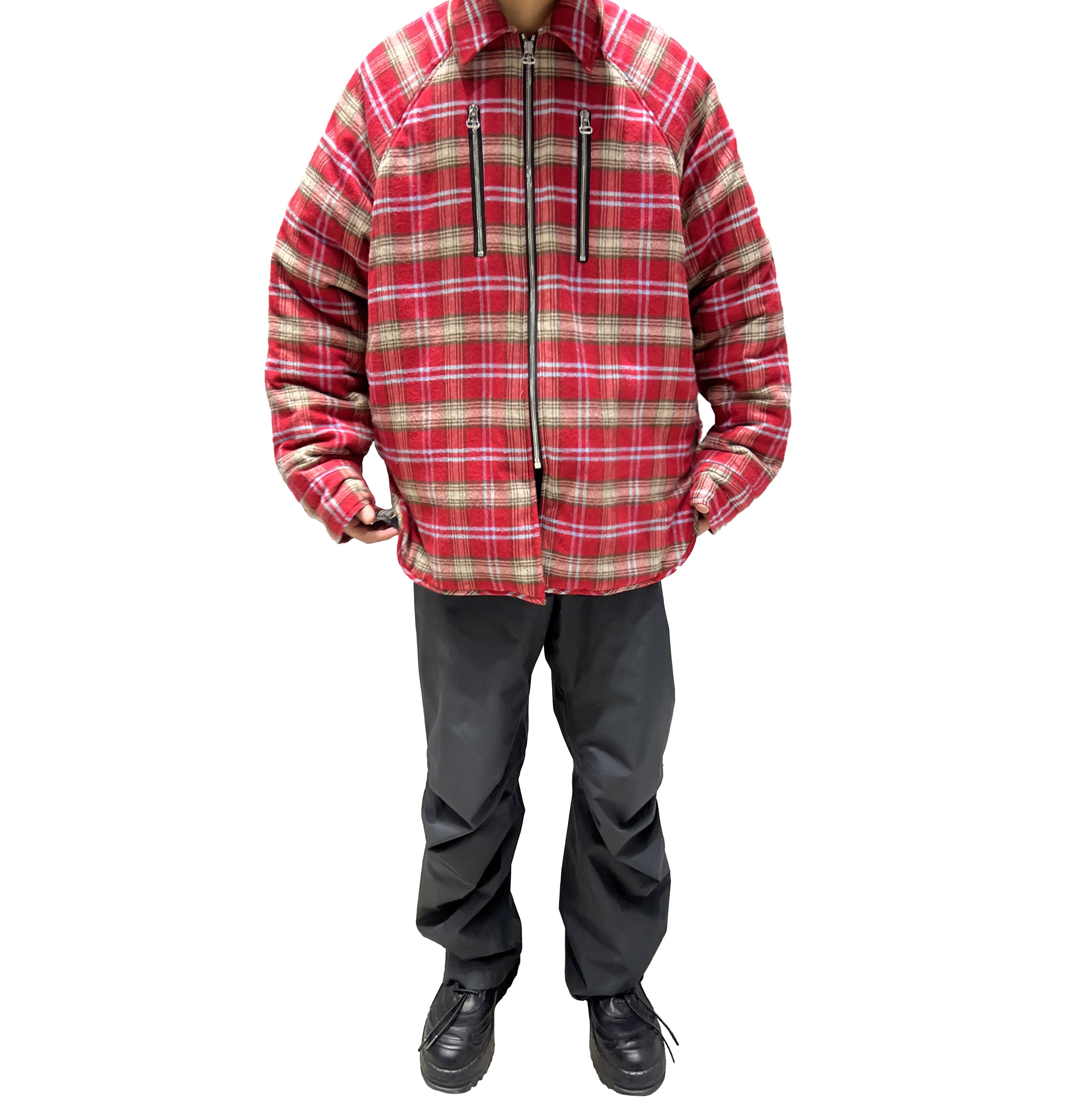 Men's Brushed Red Plaid Padded Zip Shirt Jacket