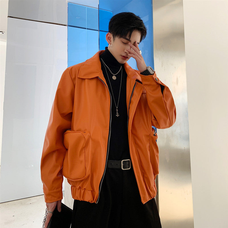 Orange Leather Jacket Men's Loose Outline Three-dimensional Big Pocket
