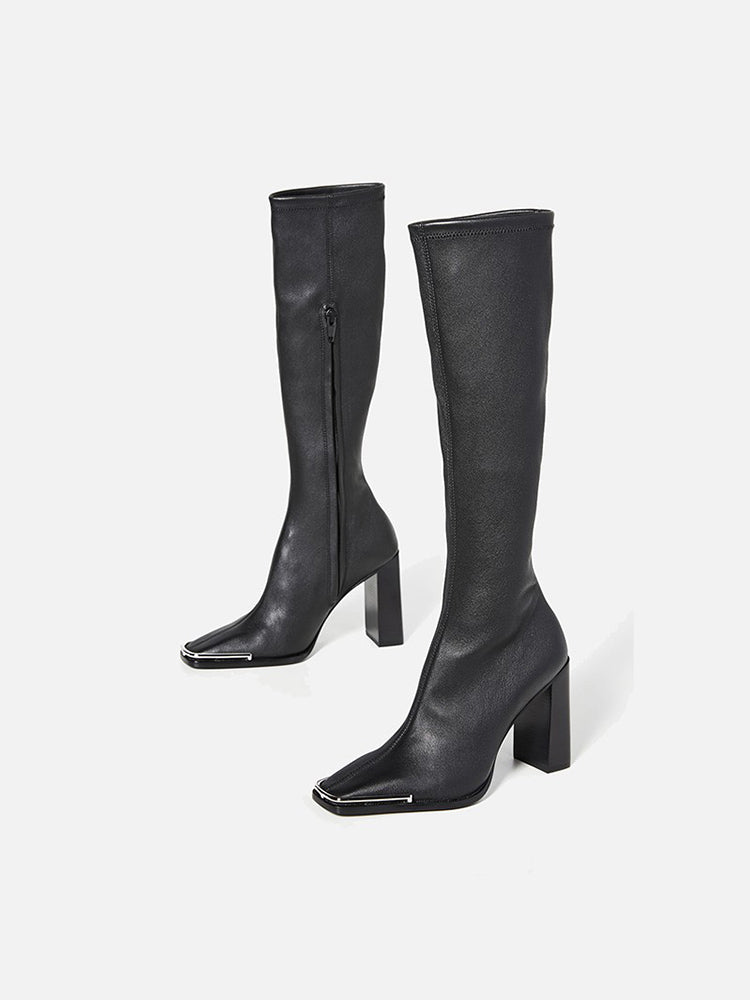 Chunky Heel Leather Slim Out Knee Boots