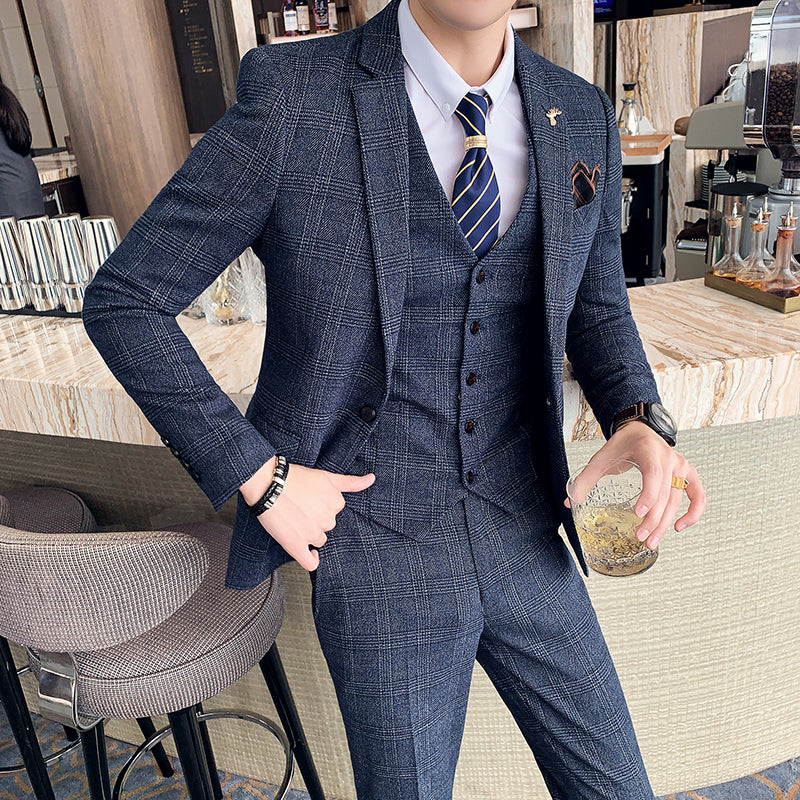 Slim-fit Check Three-piece Men's Casual Suit