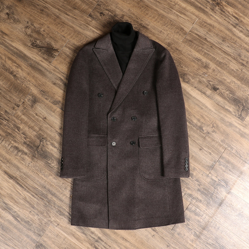 Herringbone Woolen Slim Fit Men's Mid Length Double Breasted Coat