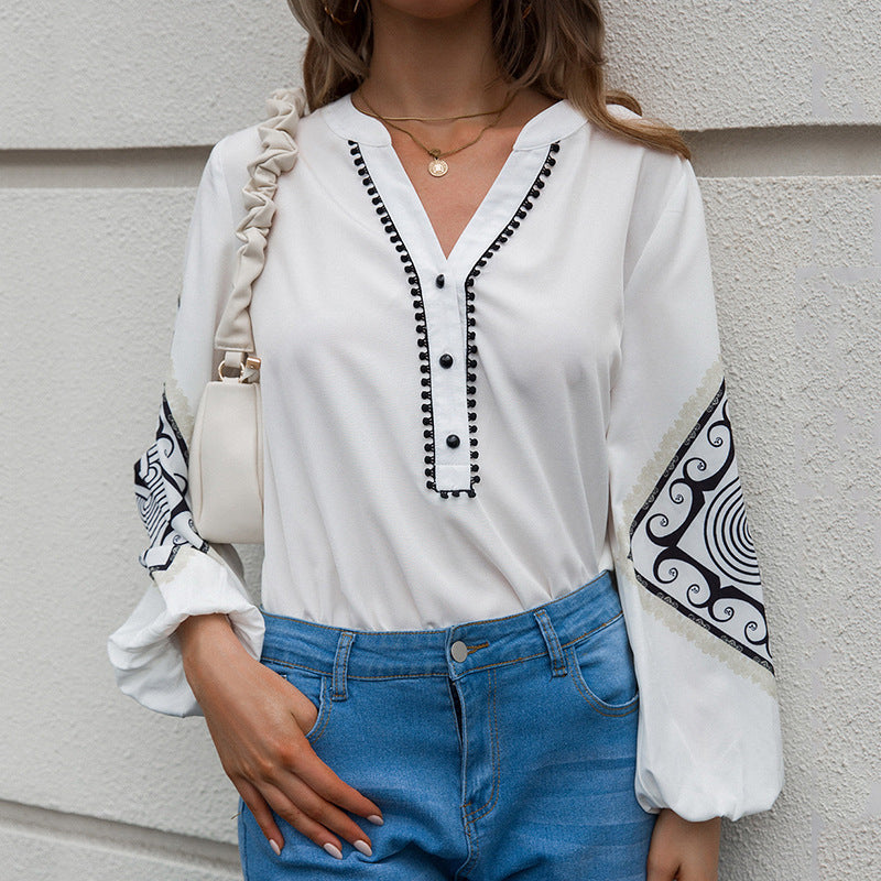 V-neck Flared Sleeves Top Single-breasted Geometric Printed Loose Long Sleeves