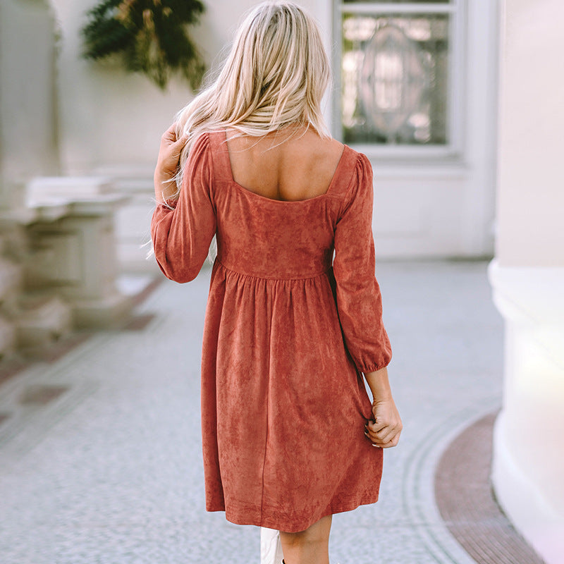 suede-european-and-american-autumn-solid-color-square-collar-puff-sleeve-waist-dress