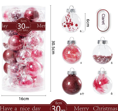 30 Pack Christmas Transparent Plastic Ball Tree Decorations