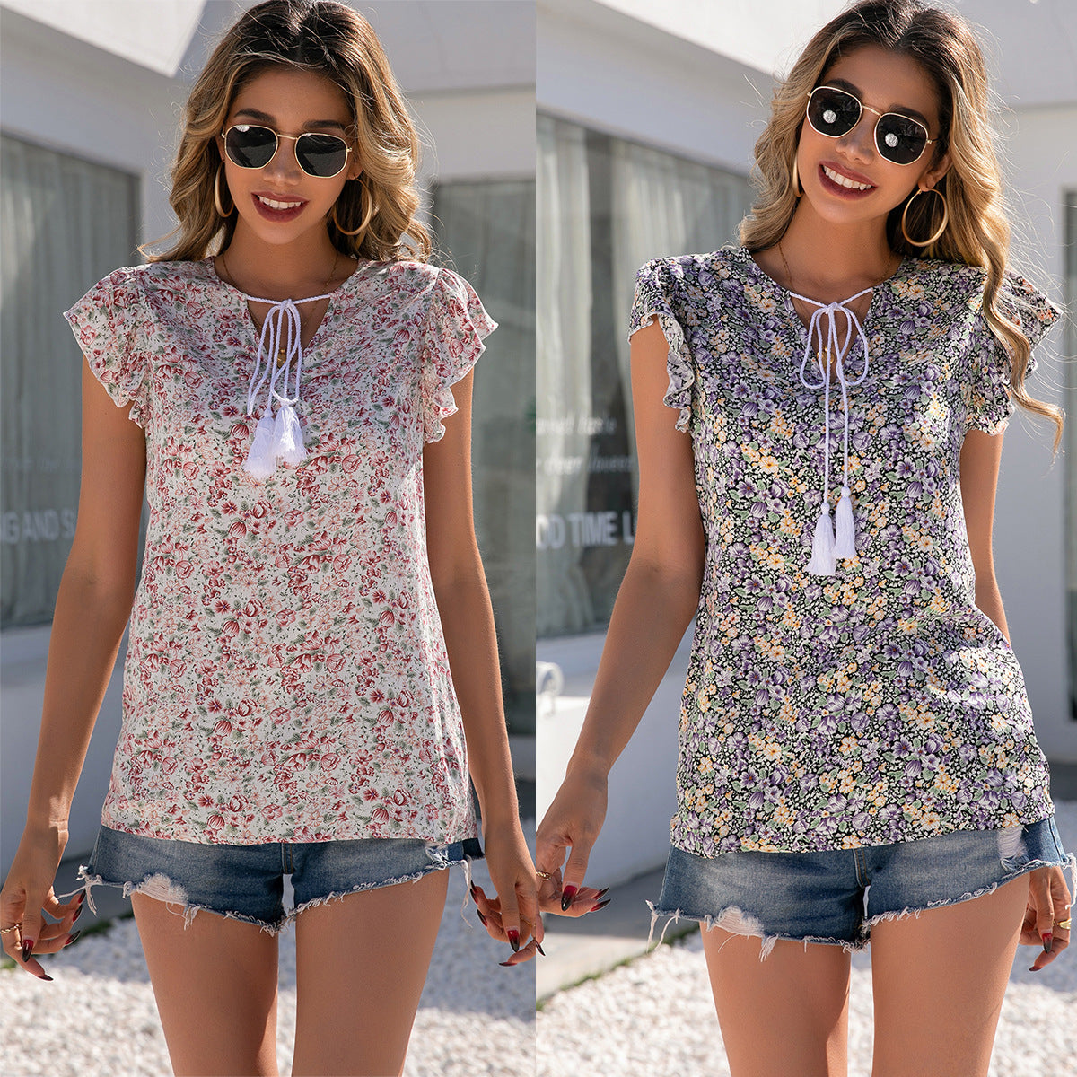 small-floral-v-neck-tie-ruffle-sleeve-shirt