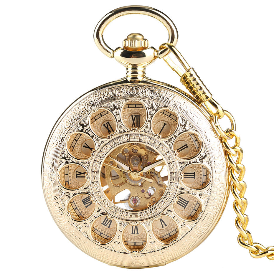 Fashionable Golden Roman Characters Hollow-out Petals Retro Mechanical Pocket Watch