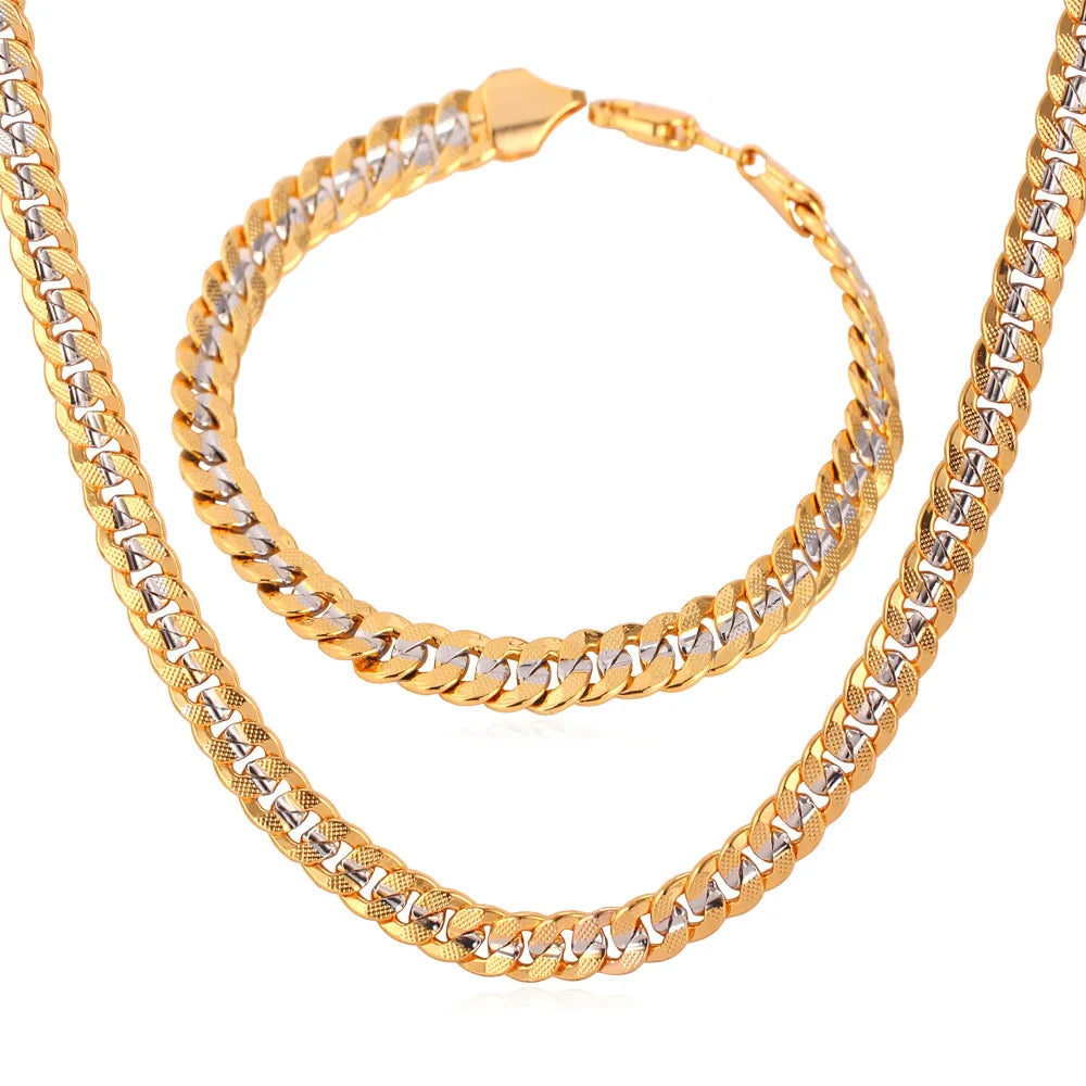 U7 Gold Cuban Link Bracelet and Necklace Set for Men